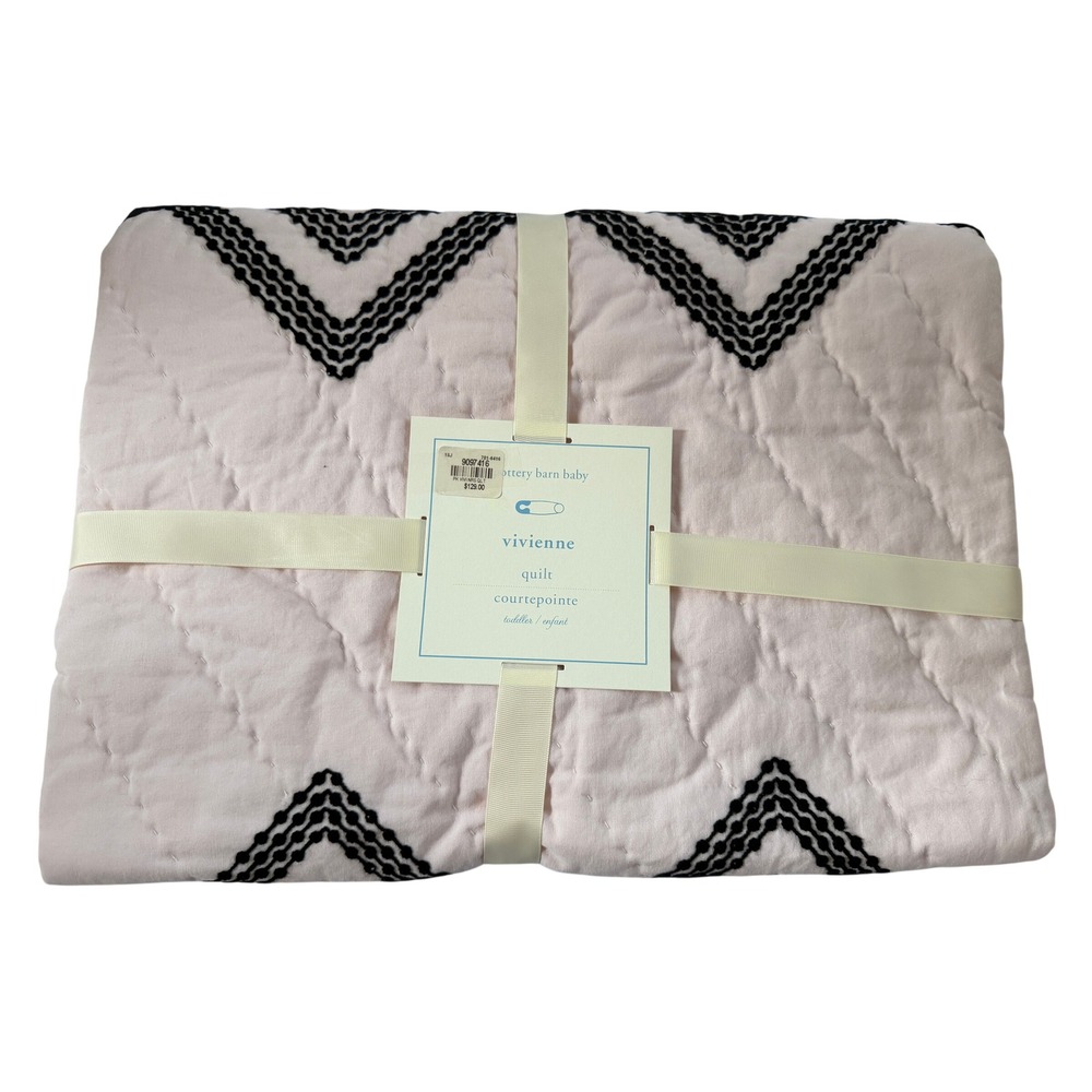 Pottery Barn Kids Vivienne Toddler Quilt Pink Black Chevron Embroidered 36x50 NW